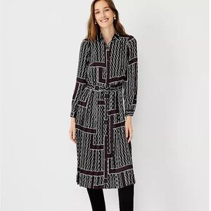 Ann Taylor Black Maroon White Gold Chain Print Pleated Shirtdress Midi Dress 10